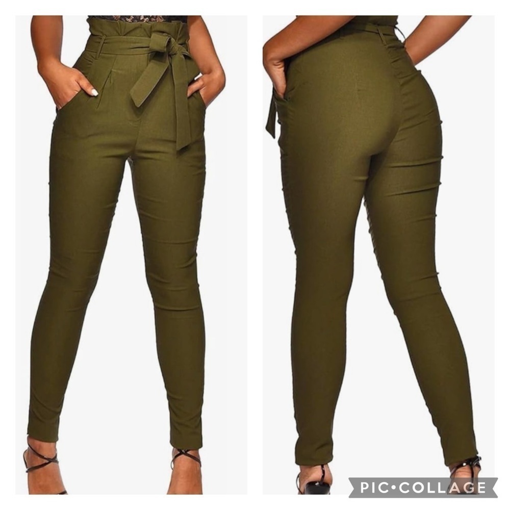 NWT Ohvera Women's All Occasions Paper Bag Waist Pants Trousers with Tie Pockets